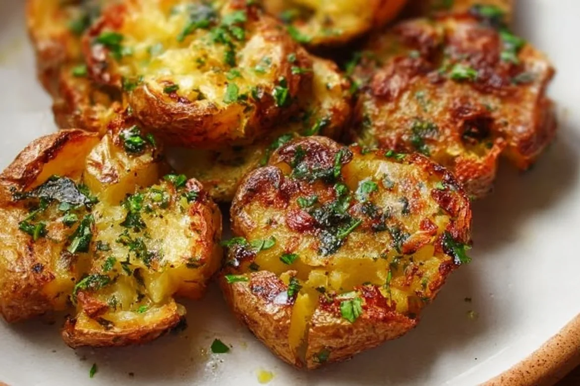 Plate of ultra-crispy garlic smashed potatoes garnished with herbs