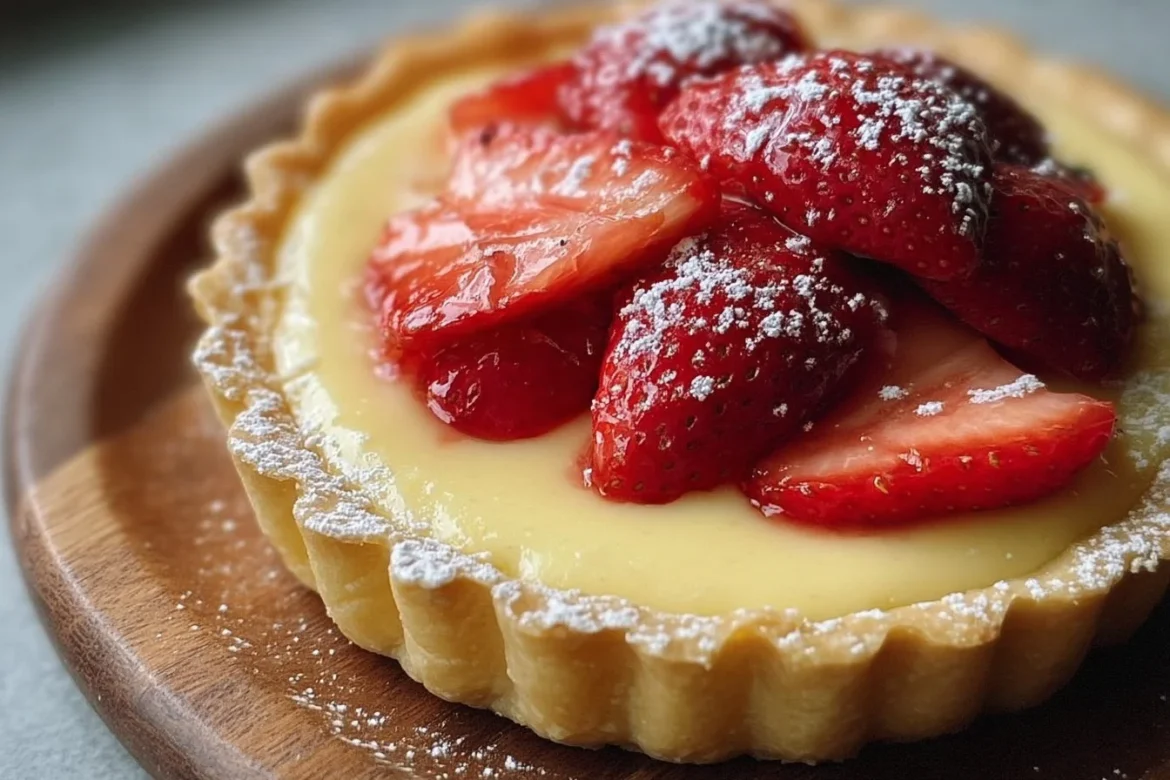 Vanilla custard tart topped with fresh strawberries and pastry crust