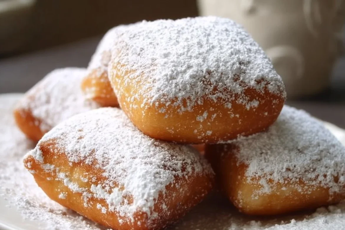 Plate of freshly made Vanilla French Beignets dusted with powdered sugar