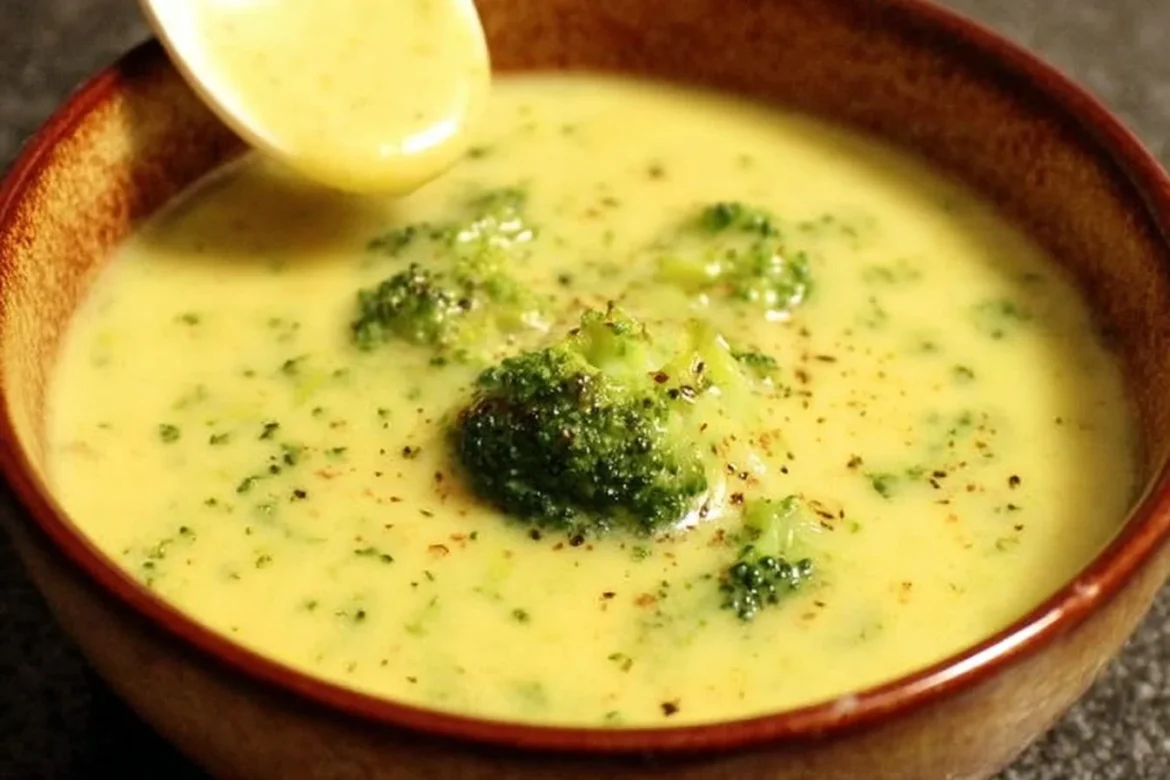 Bowl of vegan broccoli potato soup garnished with fresh herbs