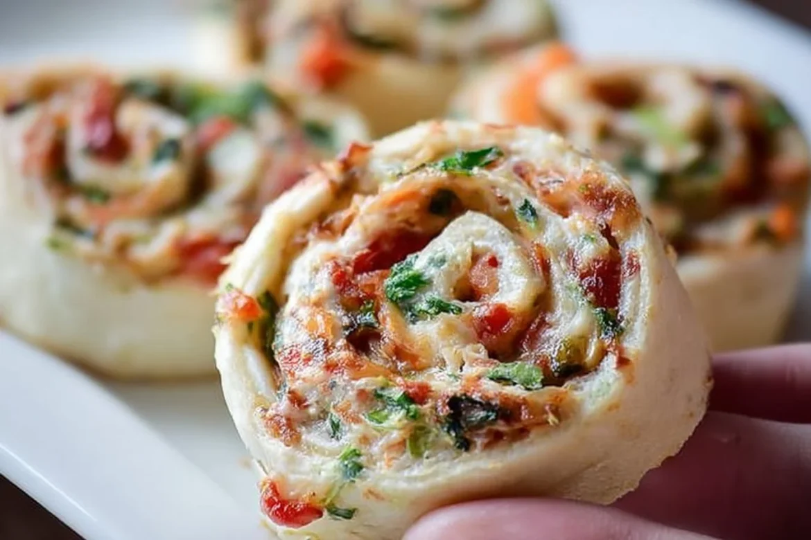 Plate of veggie pizza pinwheels garnished with fresh herbs and veggies