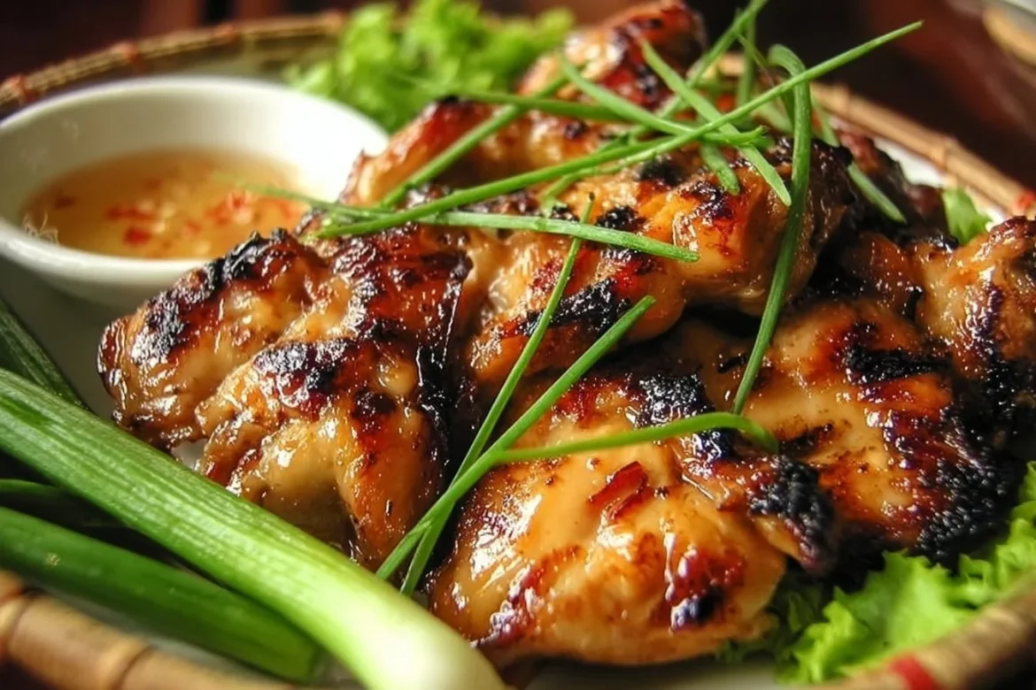 Plate of Vietnamese grilled chicken served with herbs and rice
