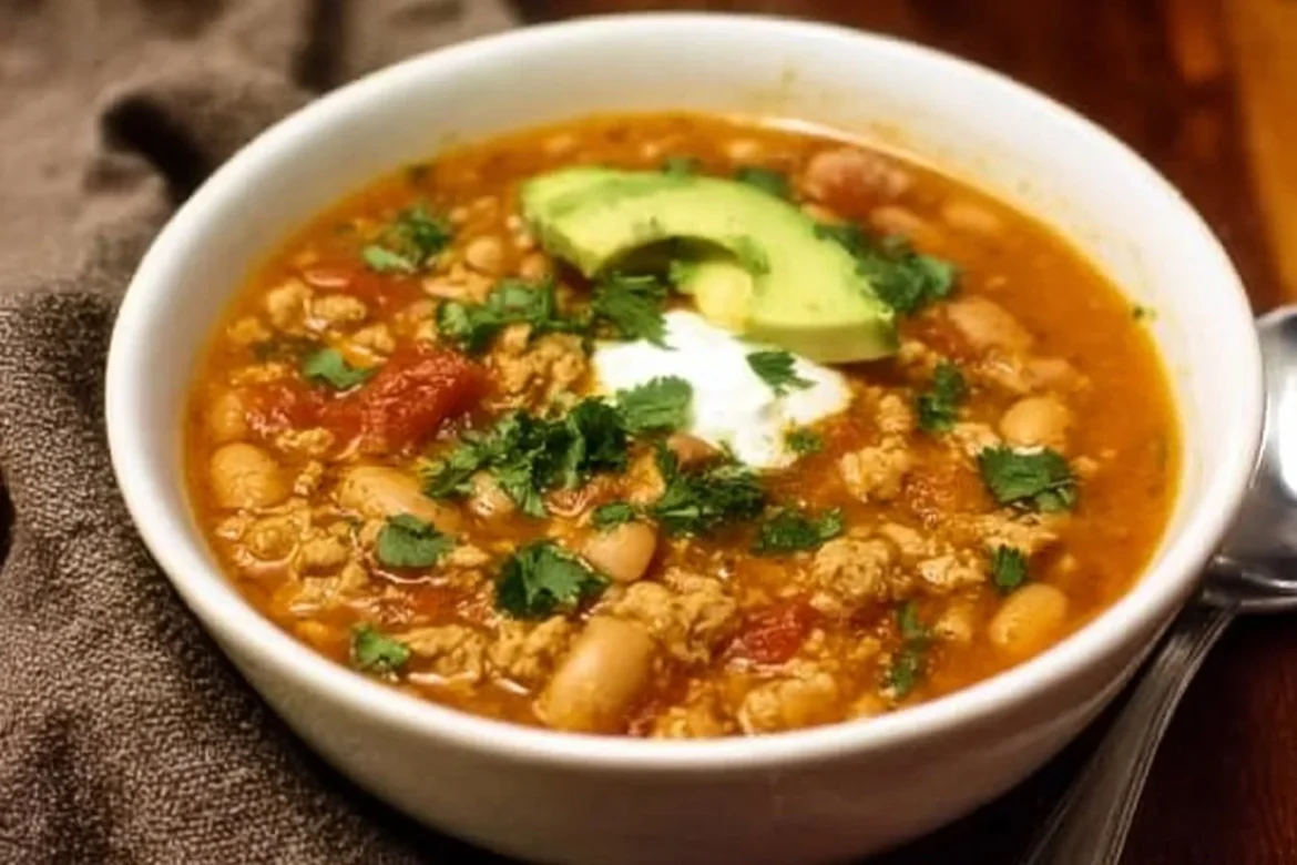 Bowl of white bean turkey chili topped with herbs and served with a side of cornbread.