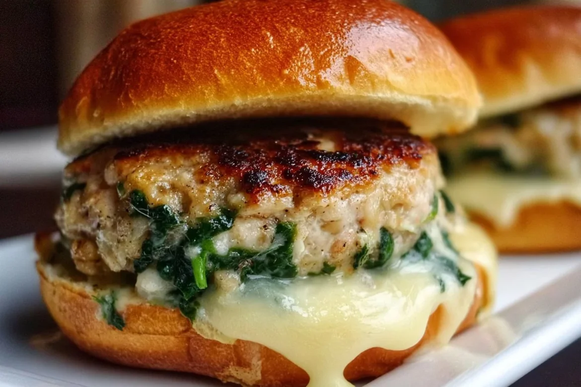 Delicious White Cheddar Spinach Chicken Burgers on a wooden platter