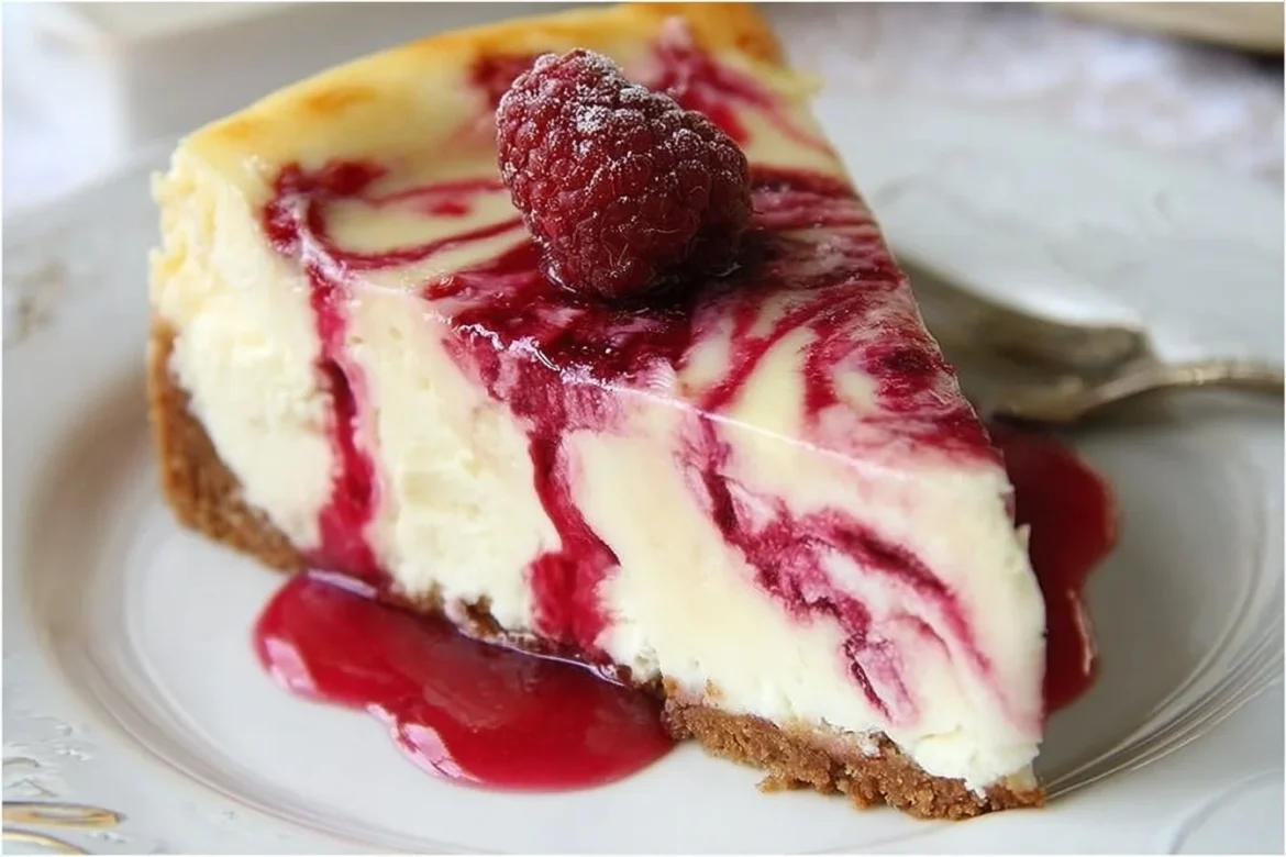 Delicious White Chocolate Raspberry Swirl Cheesecake topped with fresh raspberries