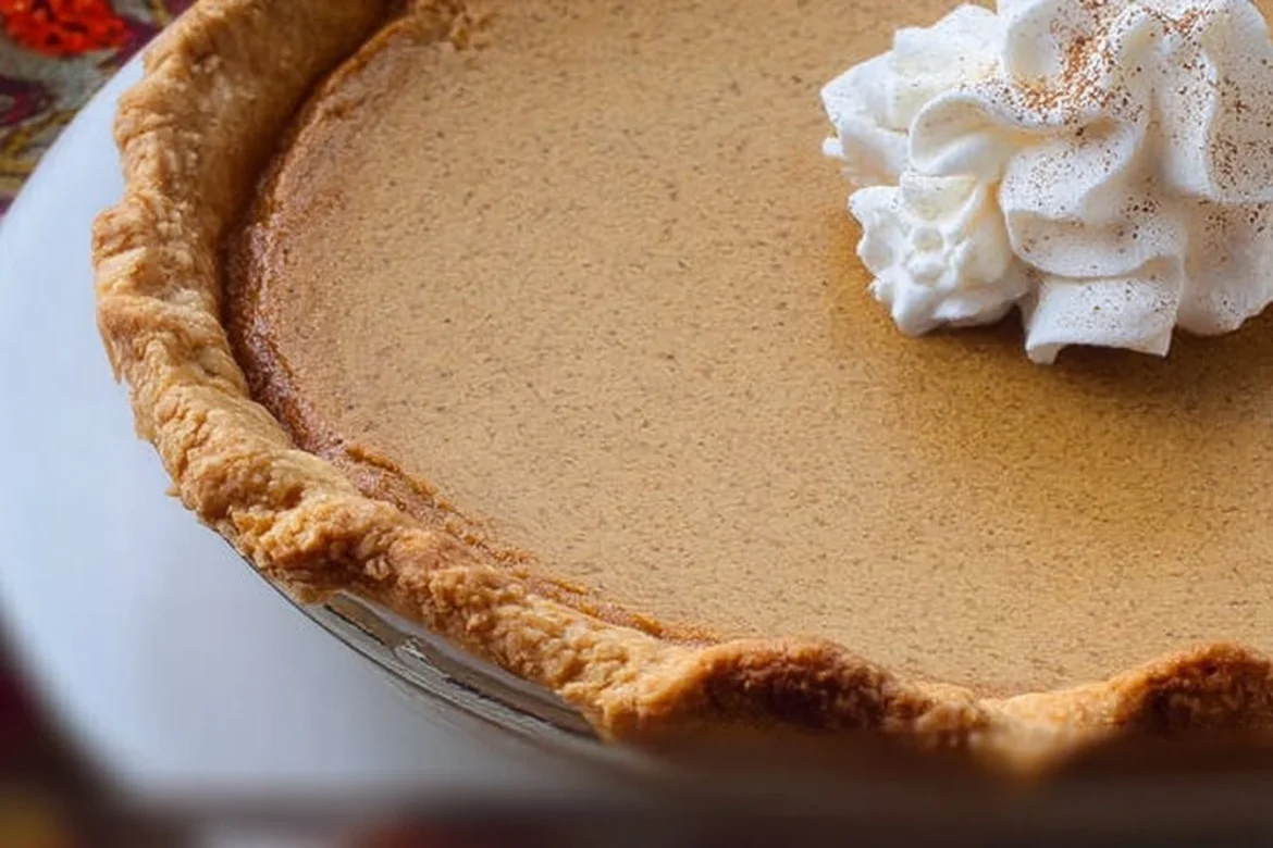Delicious white pumpkin pie topped with whipped cream on a rustic table