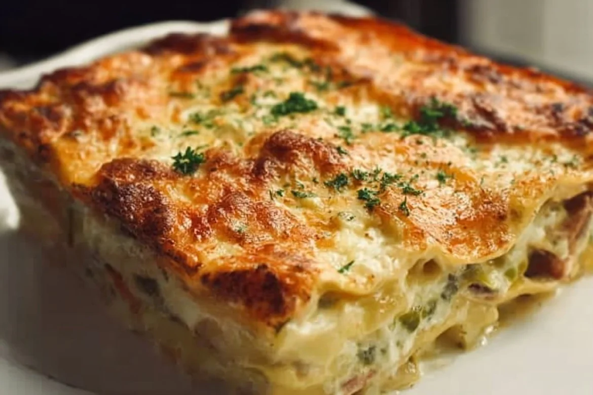Delicious white sauce vegetable lasagna with layers of fresh vegetables