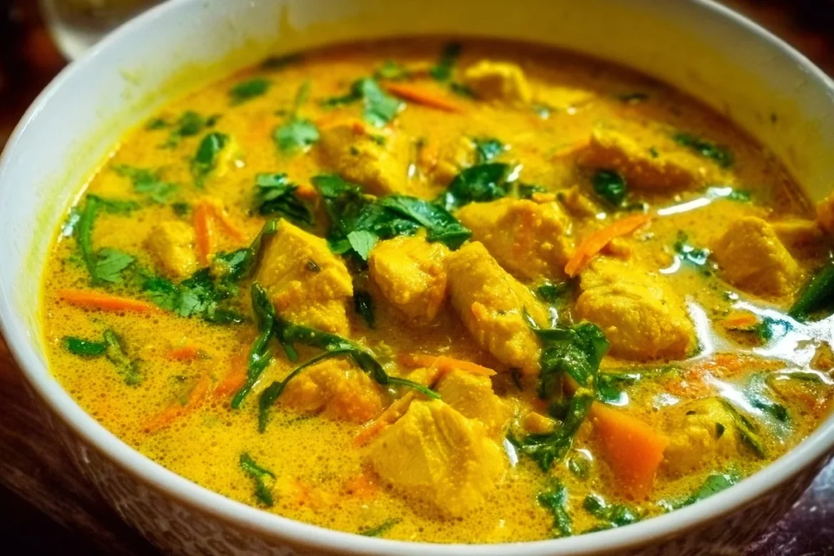 Bowl of Yellow Thai Chicken Coconut Curry with fresh herbs and rice