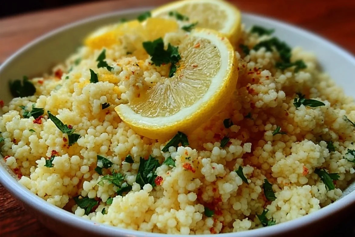 Bowl of zesty lemon parmesan couscous garnished with fresh herbs