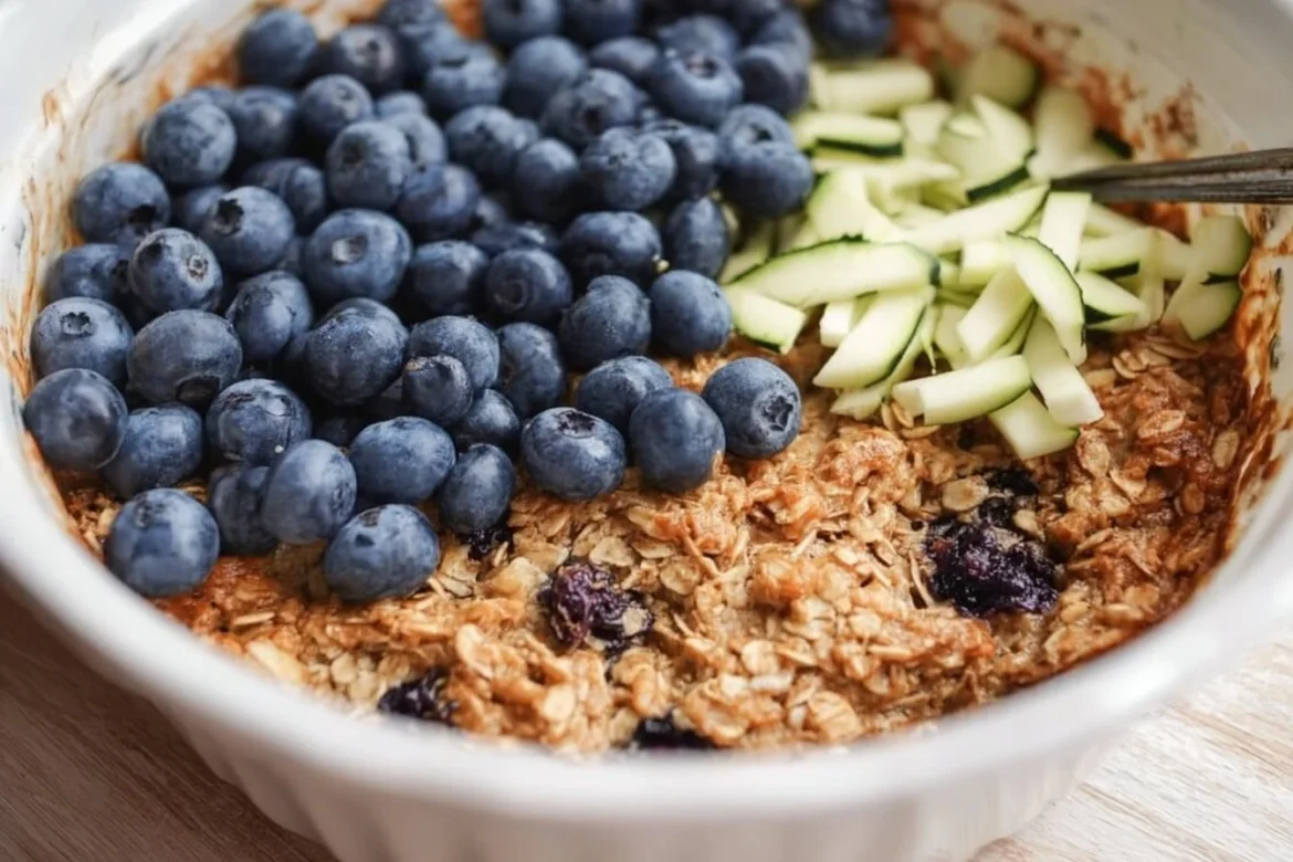 Zucchini Blueberry Baked Oatmeal in a baking dish topped with fresh blueberries