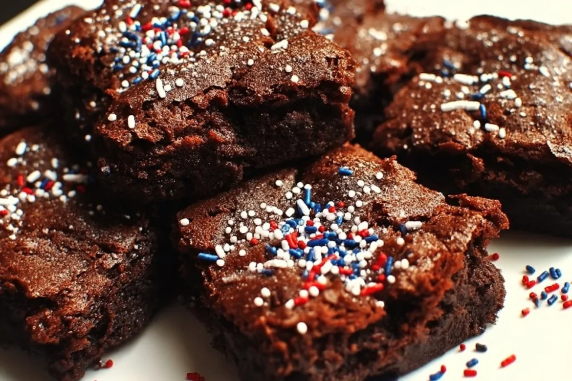 Delicious 4th of July brownies decorated with red, white, and blue sprinkles.