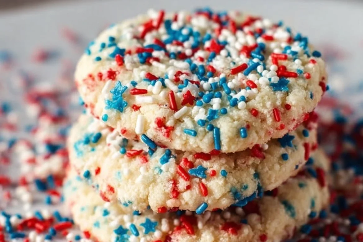 4th of July Sprinkle Cake Mix Cookies decorated with colorful sprinkles.