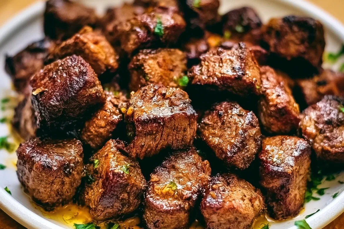 Delicious air fryer steak bites served on a plate with dipping sauce