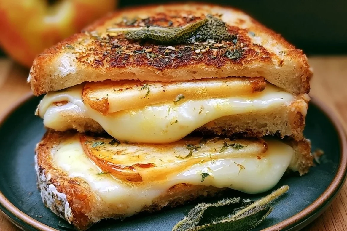 Apple-gouda grilled cheese sandwich with sage butter on a rustic plate