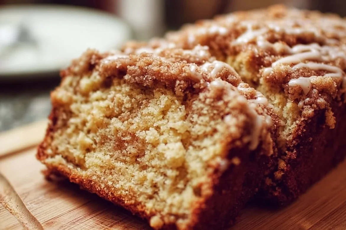 Freshly baked Apple Streusel Bread with a golden crumb and crumbly topping.