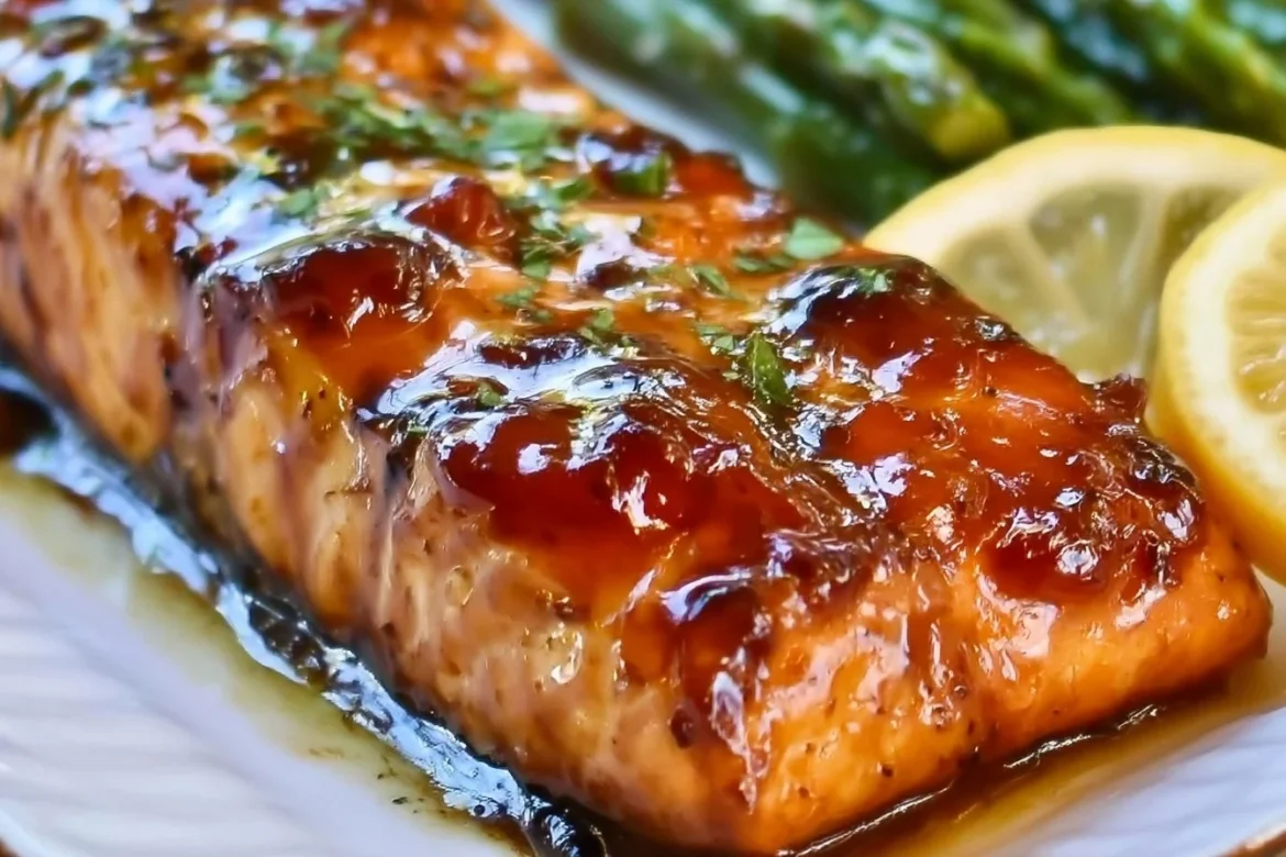 Apricot glazed salmon fillet garnished with fresh herbs on a white plate