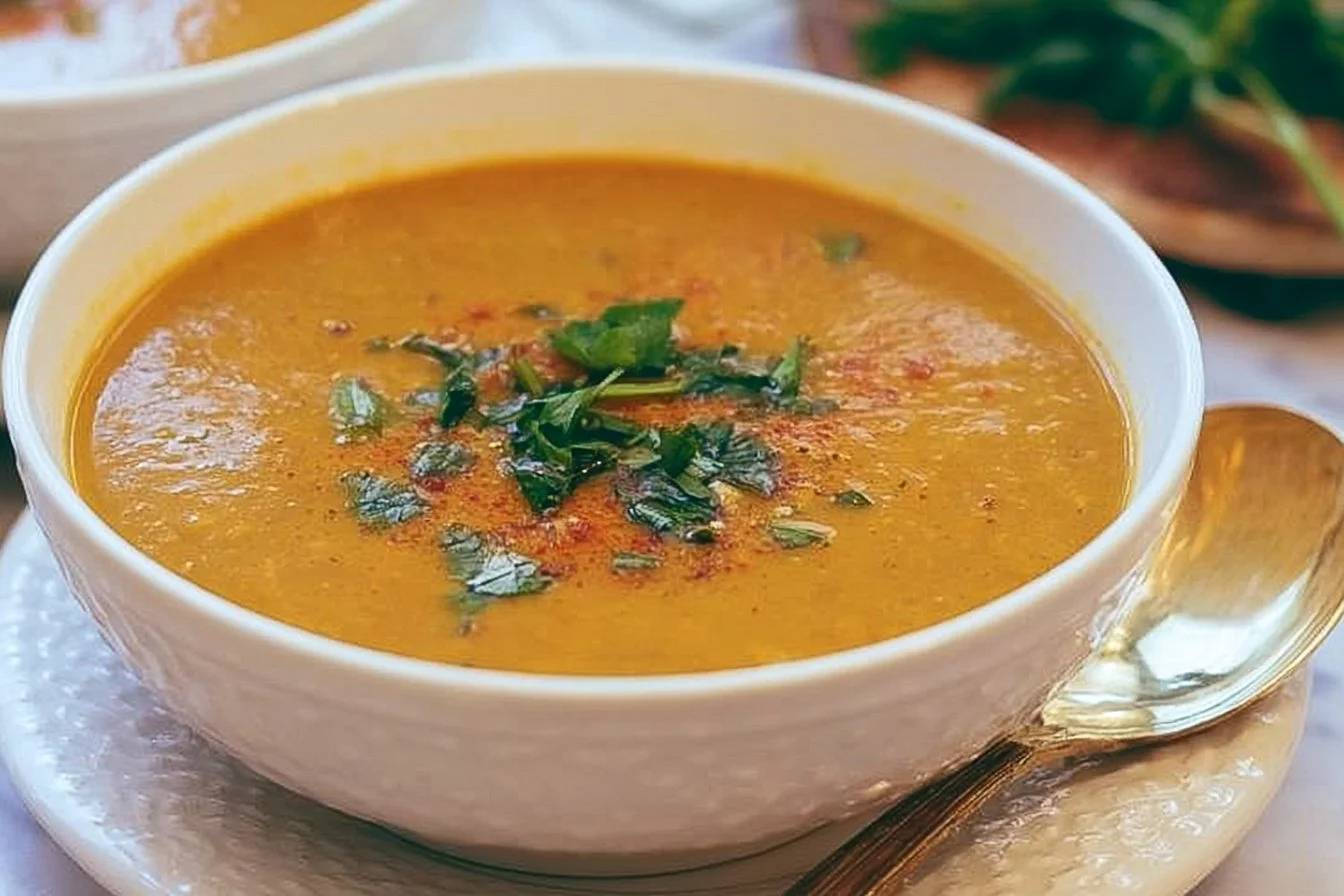 Bowl of Arabic Lentil Soup garnished with fresh herbs and spices