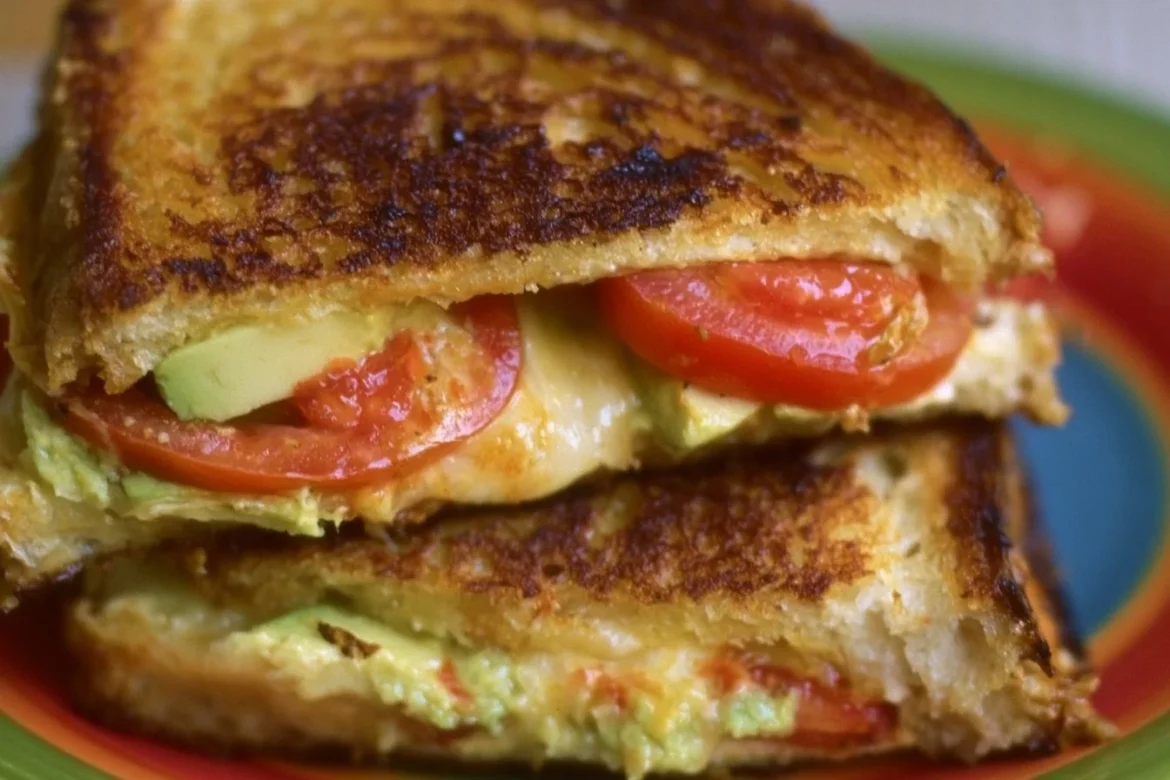 Avocado tomato grilled cheese sandwich with melted cheese and fresh ingredients