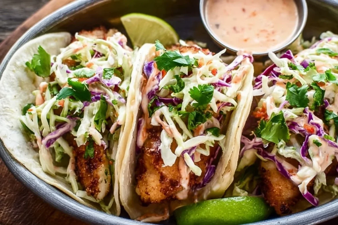 Delicious Baja Fish Tacos topped with fresh ingredients and served in a tortilla.