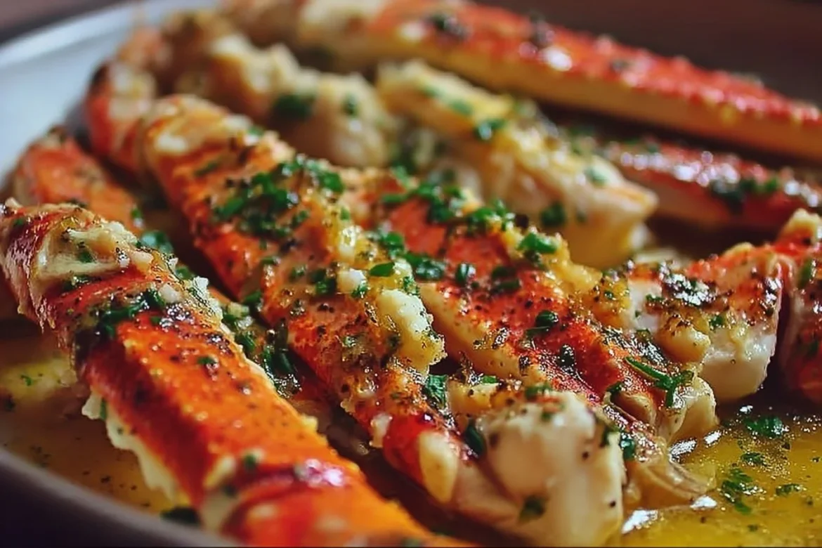 Baked crab legs with butter sauce served on a plate.