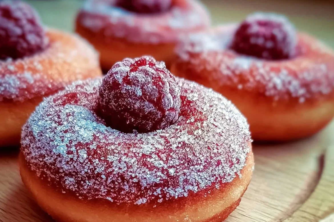 Baked raspberry donuts topped with icing and fresh raspberries on a plate