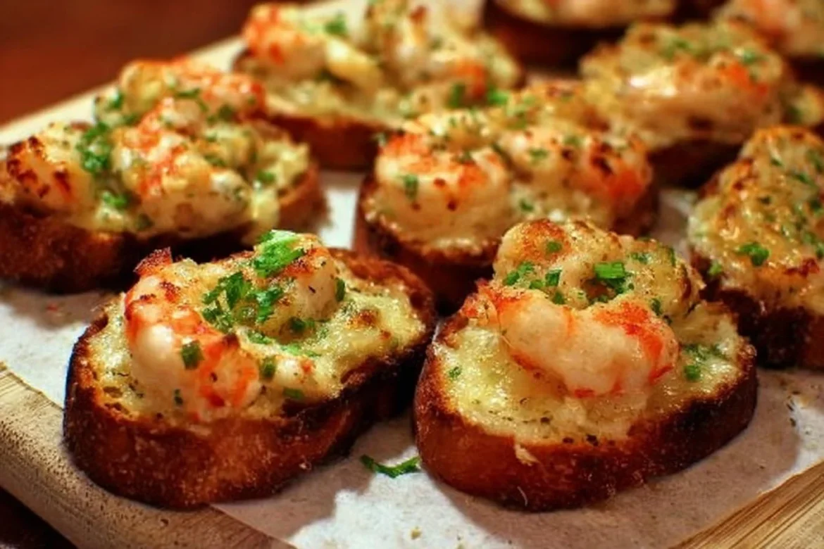 Baked shrimp toasts served on a platter with garnishes