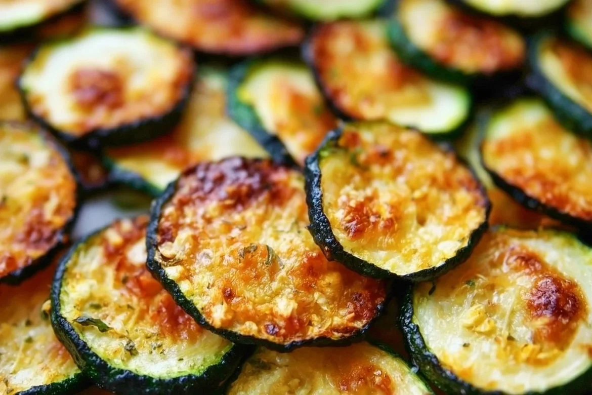 Crispy baked zucchini chips on a plate with seasoning