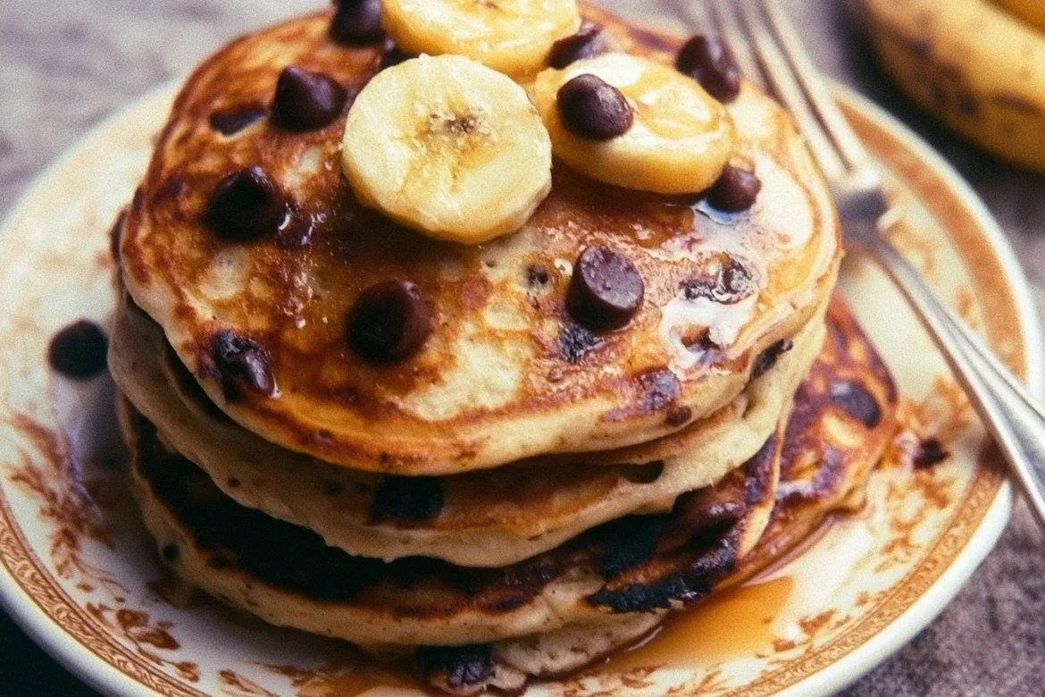 Fluffy banana chocolate chip pancakes stacked with syrup and chocolate chips.