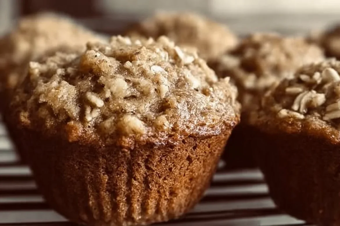 Freshly baked banana oatmeal muffins on a wooden table