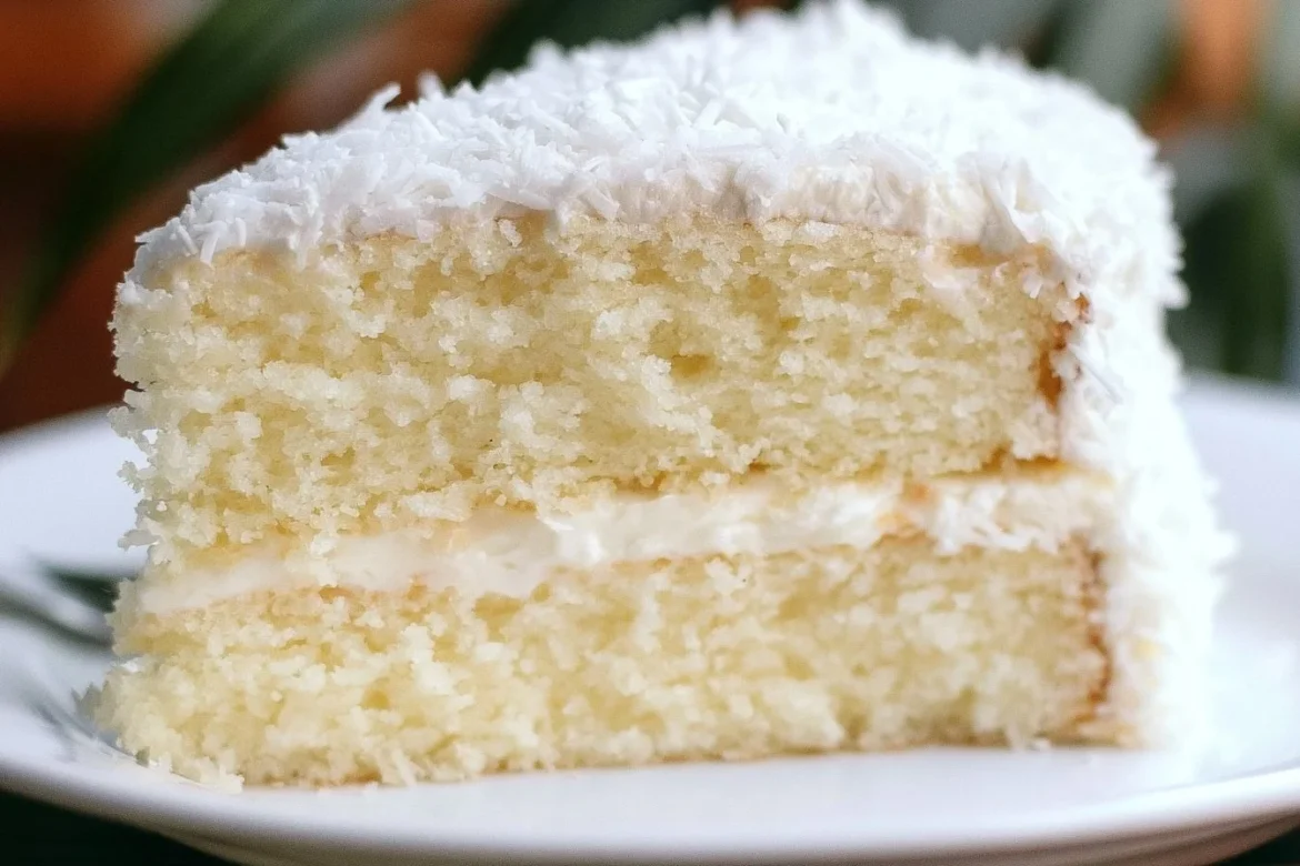 Deliciously moist coconut cream cake with creamy frosting on top