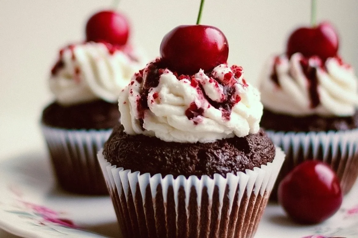 Delicious Black Forest Cupcakes topped with whipped cream and cherries