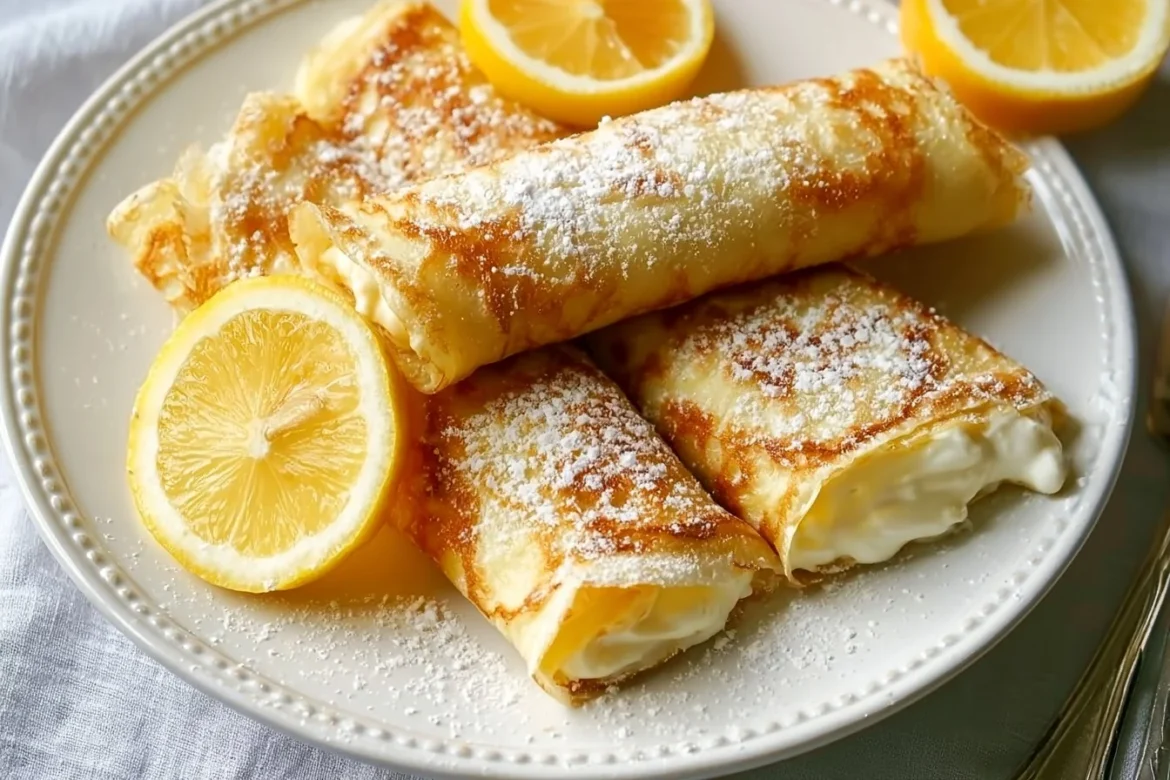 Blender crepes filled with Greek yogurt lemon filling on a plate.