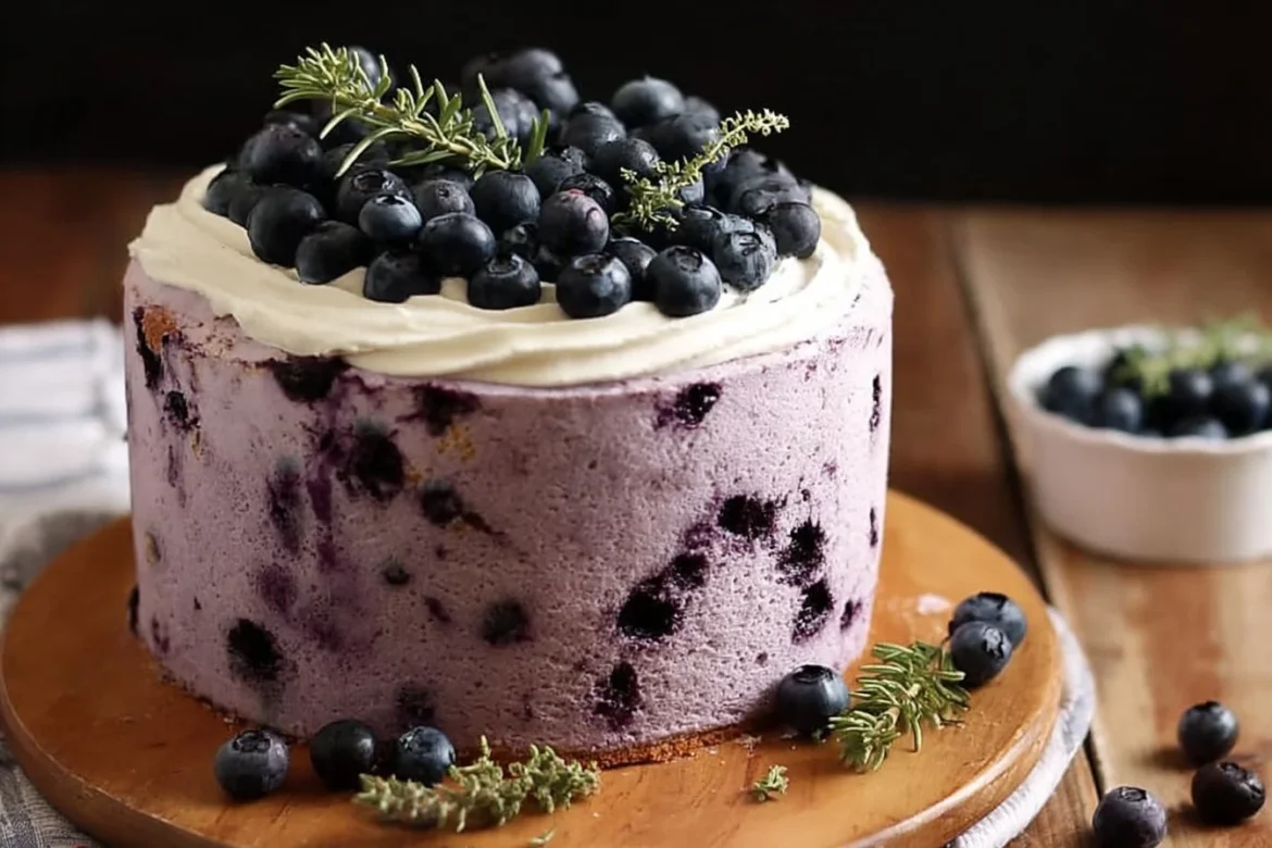 Slice of delicious Blueberry Chiffon Cake topped with fresh blueberries