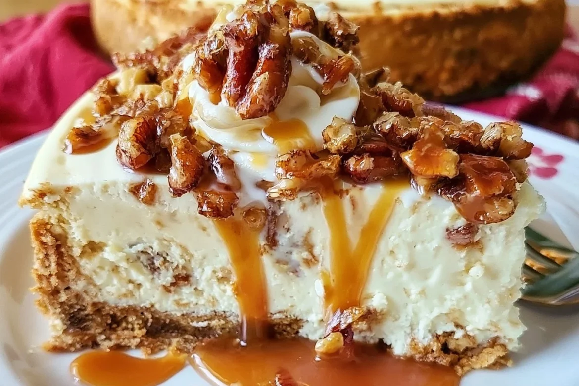 Delicious browned butter pecan cheesecake topped with toasted pecans