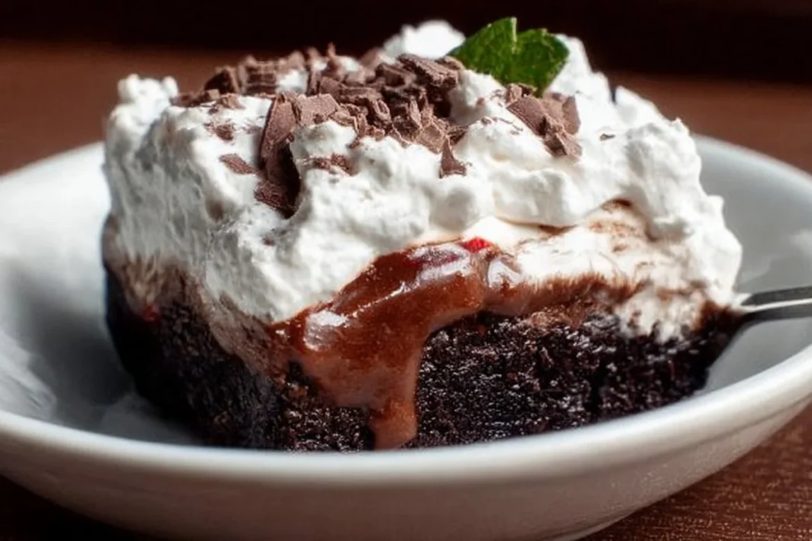Delicious brownie pudding dessert served in a bowl topped with whipped cream