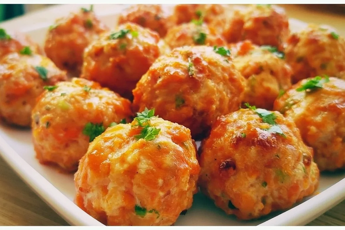 Buffalo Chicken Meatballs on a serving platter garnished with celery and blue cheese