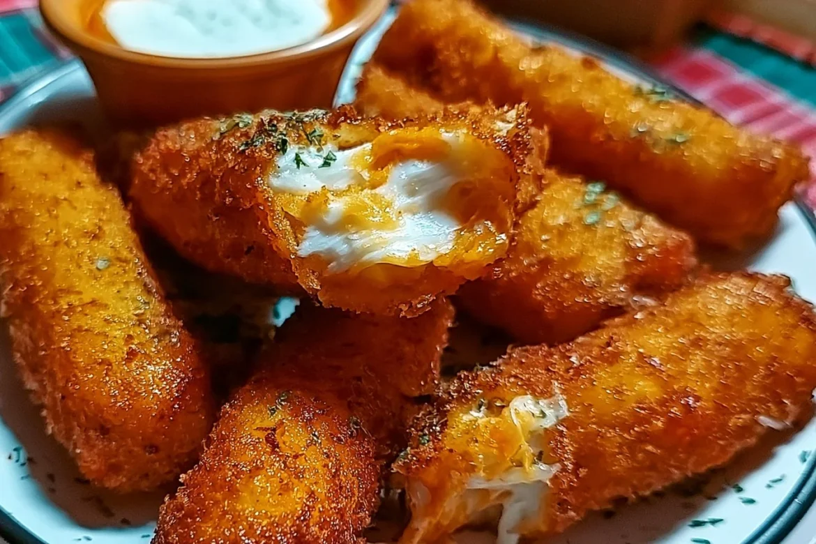 Buffalo chicken mozzarella sticks garnished with ranch dipping sauce
