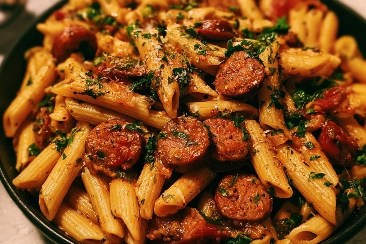 Delicious Cajun sausage pasta served in a bowl with fresh herbs