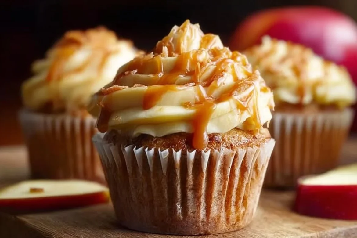 Delicious caramel apple cupcakes topped with sweet caramel drizzle