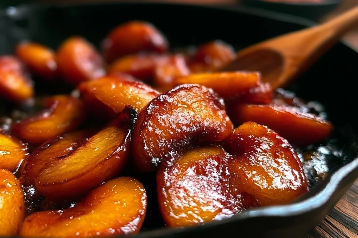Delicious caramelized skillet peaches served in a cast iron pan