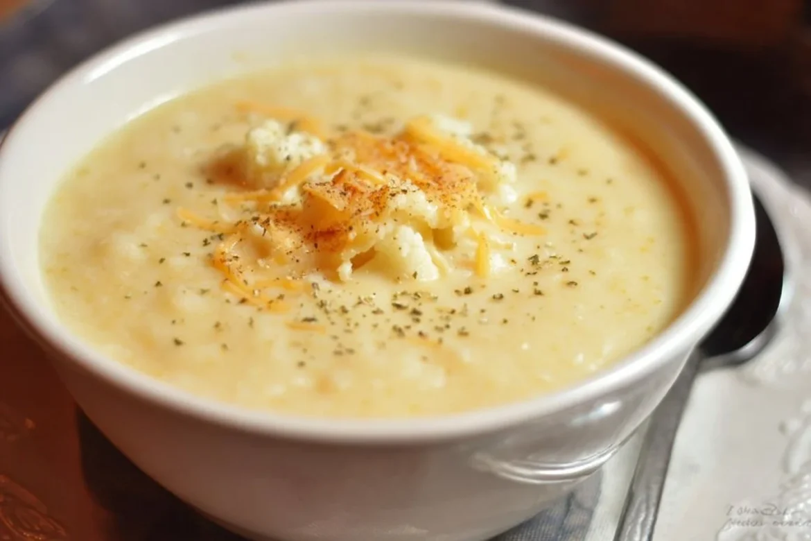 Bowl of creamy cauliflower cheese soup with herbs on a wooden table