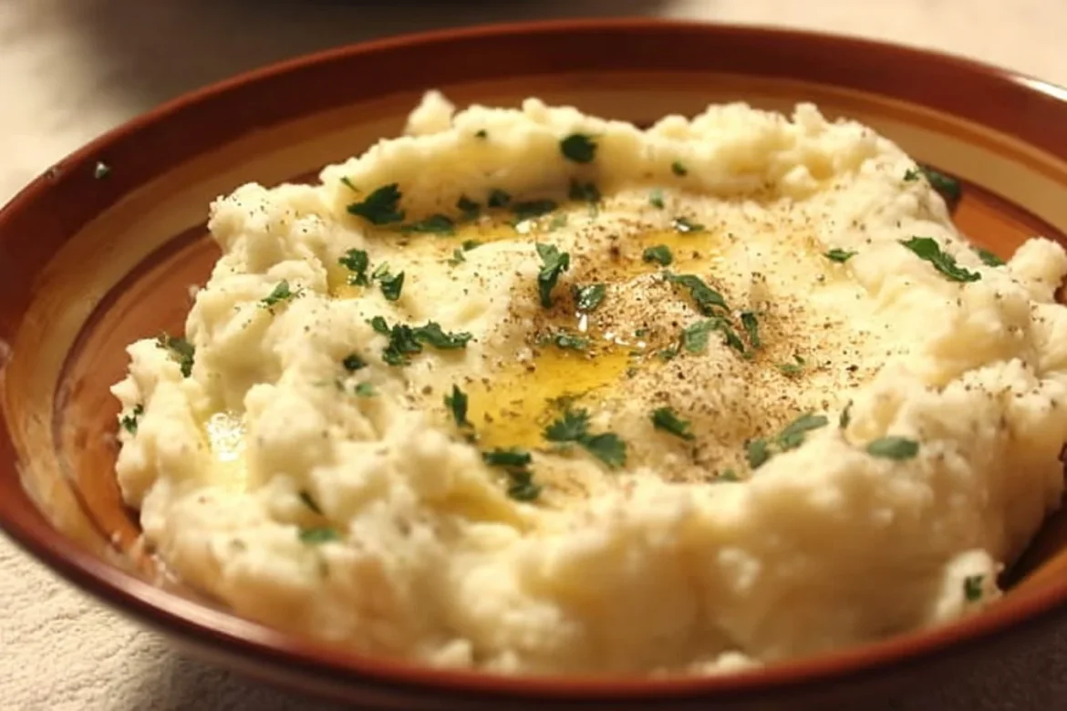 Creamy cauliflower mashed potatoes served in a bowl with herbs