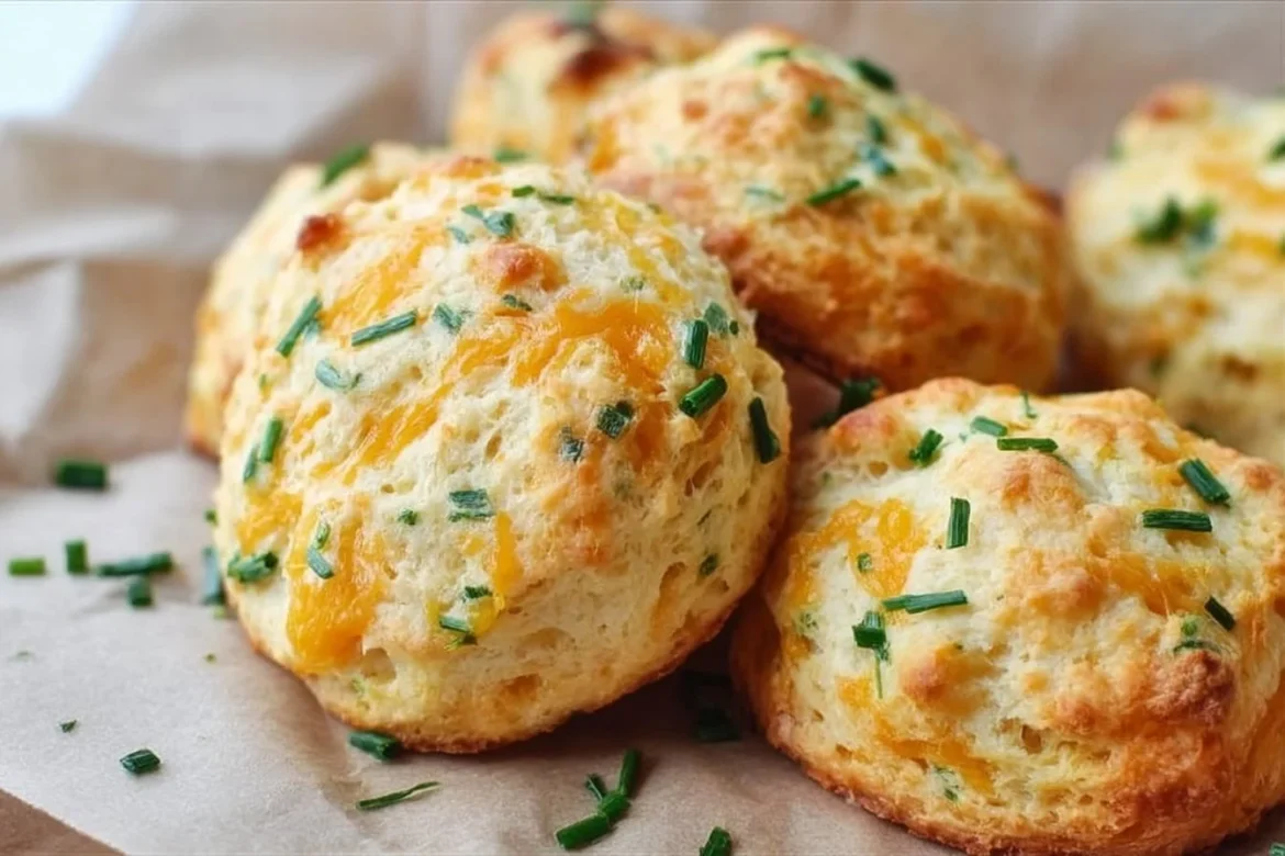 Freshly baked cheddar chive biscuits on a cooling rack