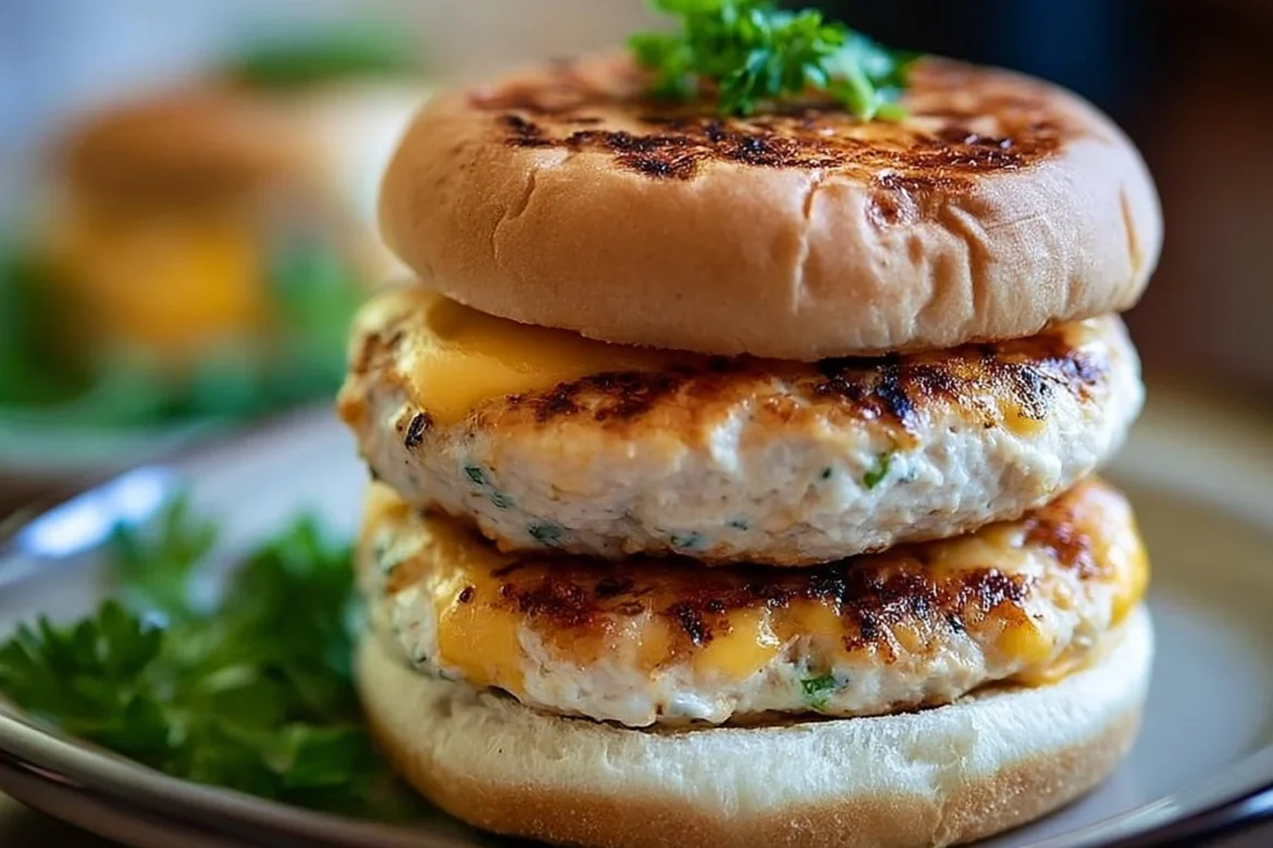 Cheddar Ranch Chicken Burgers served with lettuce and tomatoes