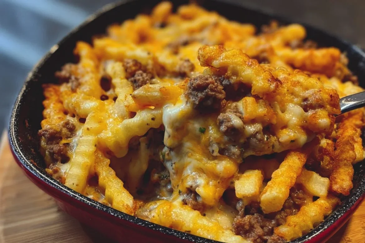 Delicious cheeseburger French fry casserole topped with cheese and pickles