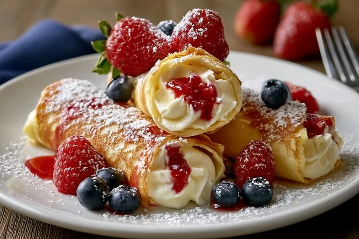 Delicious cheesecake crepe roll ups filled with creamy cheesecake filling.