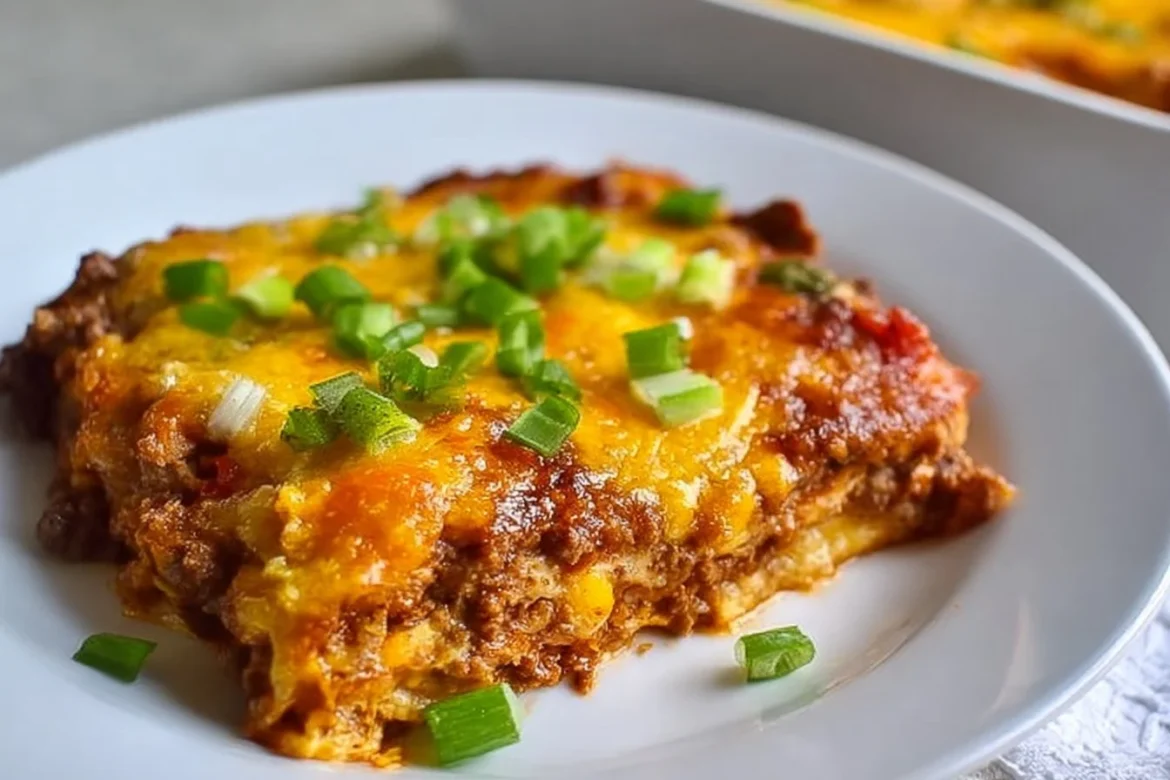 Cheesy baked Mexican lasagna casserole served in a dish