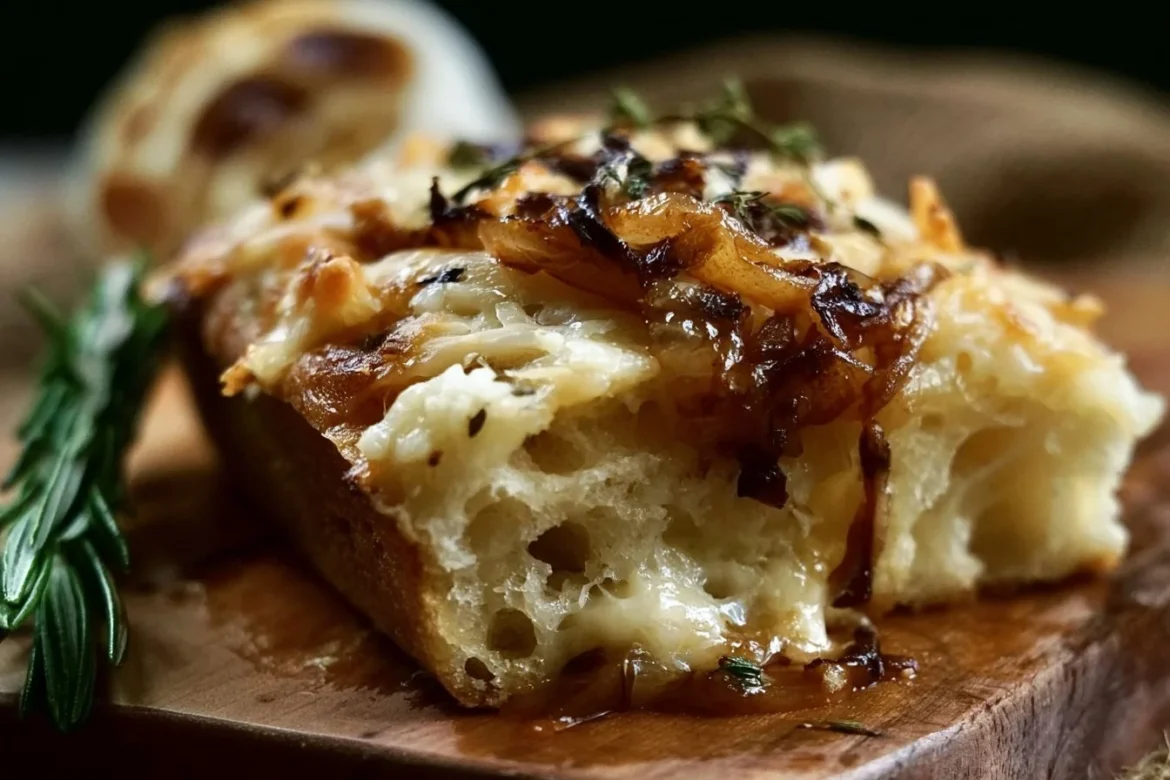 Delicious cheesy onion focaccia bread fresh out of the oven