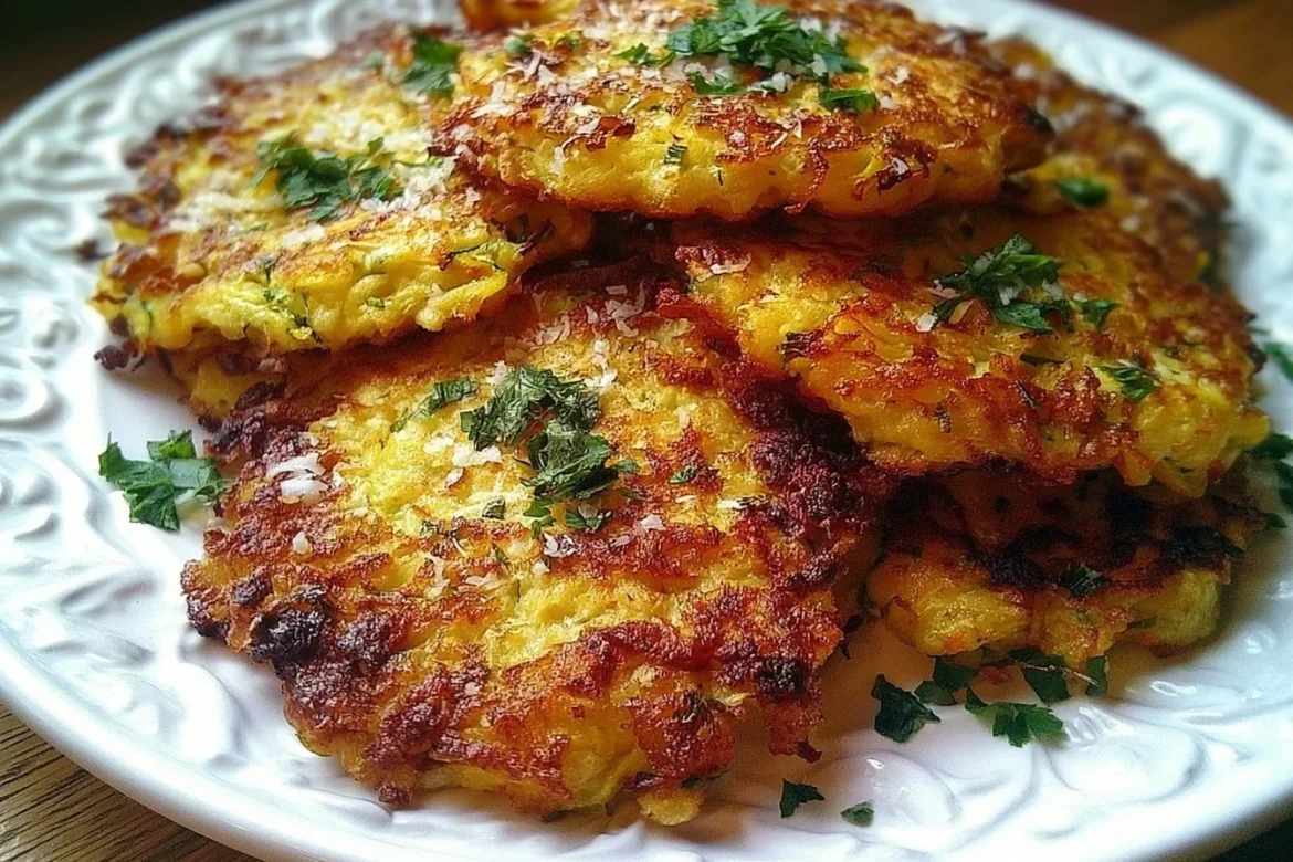 Cheesy Parmesan yellow squash fritters, golden and crispy, served on a plate.