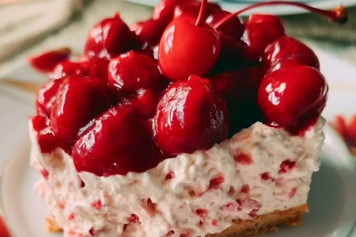 Delicious Cherry Cheesecake Fluff dessert served in a bowl with cherries on top.